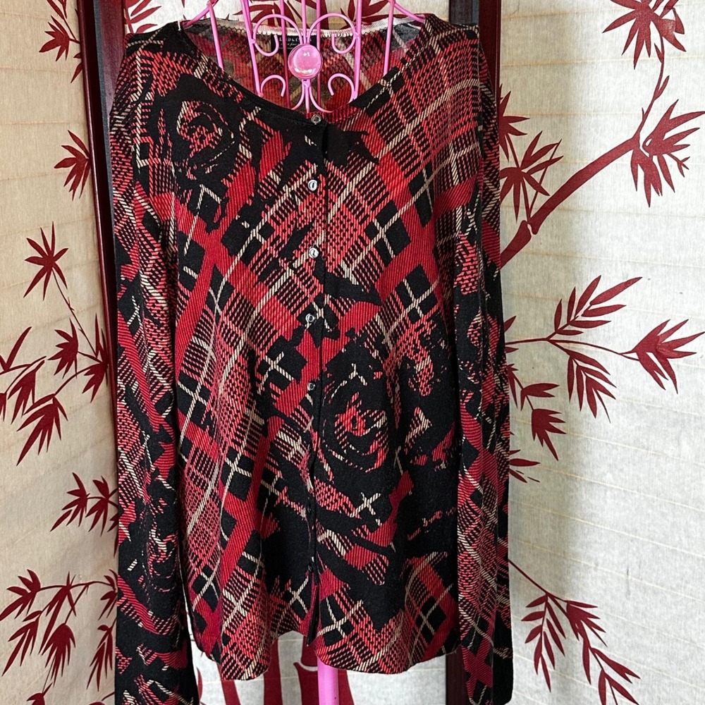 LORD &ā TAYLOR Red Plaid Rose Print Extra Fine Merino Wool Cardigan Sweater Sz S
